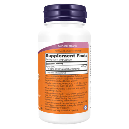 NOW Alpha GPC 600mg, Double Strength (60 veg capsules)