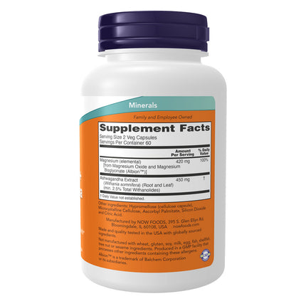 NOW Magnesium + Ashwagandha (120 veg capsules)
