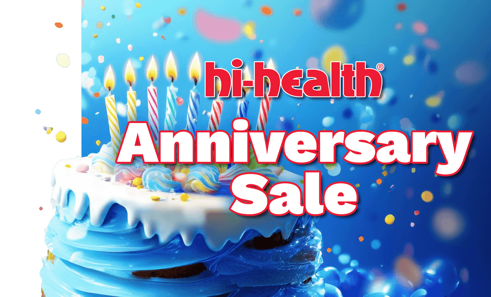 Hi-Health Anniversary Sale text set over cake with candles and confetti background
