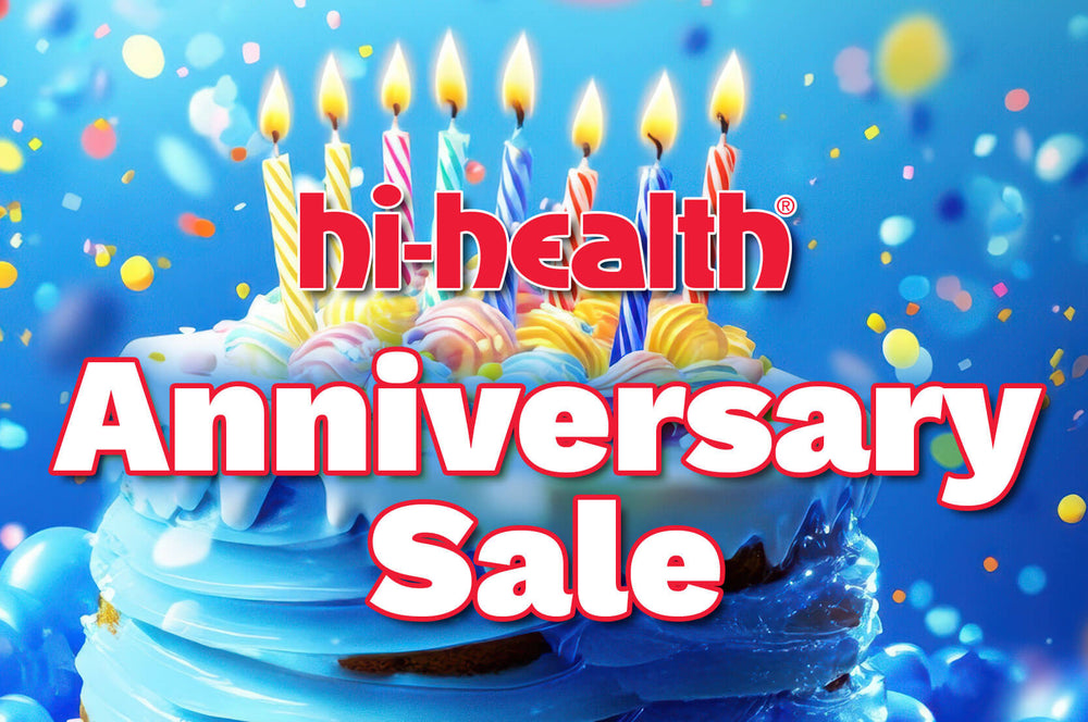 Hi-Health Anniversary Sale text set over cake with candles and confetti background