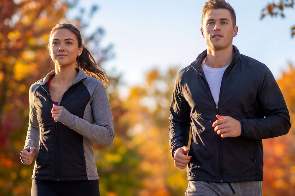Two runners jogging outdoors in athletic jackets. The woman on the left wears a dark and heather gray zip-up jacket, and the man on the right wears a dark lightweight zip-up jacket over a white shirt.