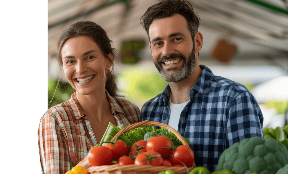 Man and woman in an outdoor food market setting amidst fresh vegetables