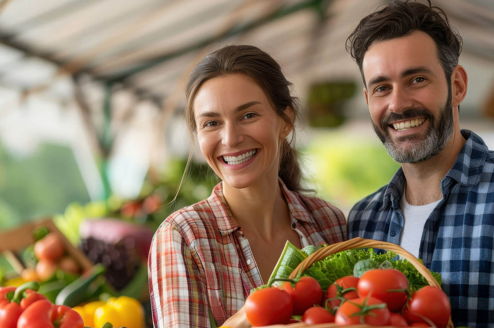 Man and woman in an outdoor food market setting amidst fresh vegetables